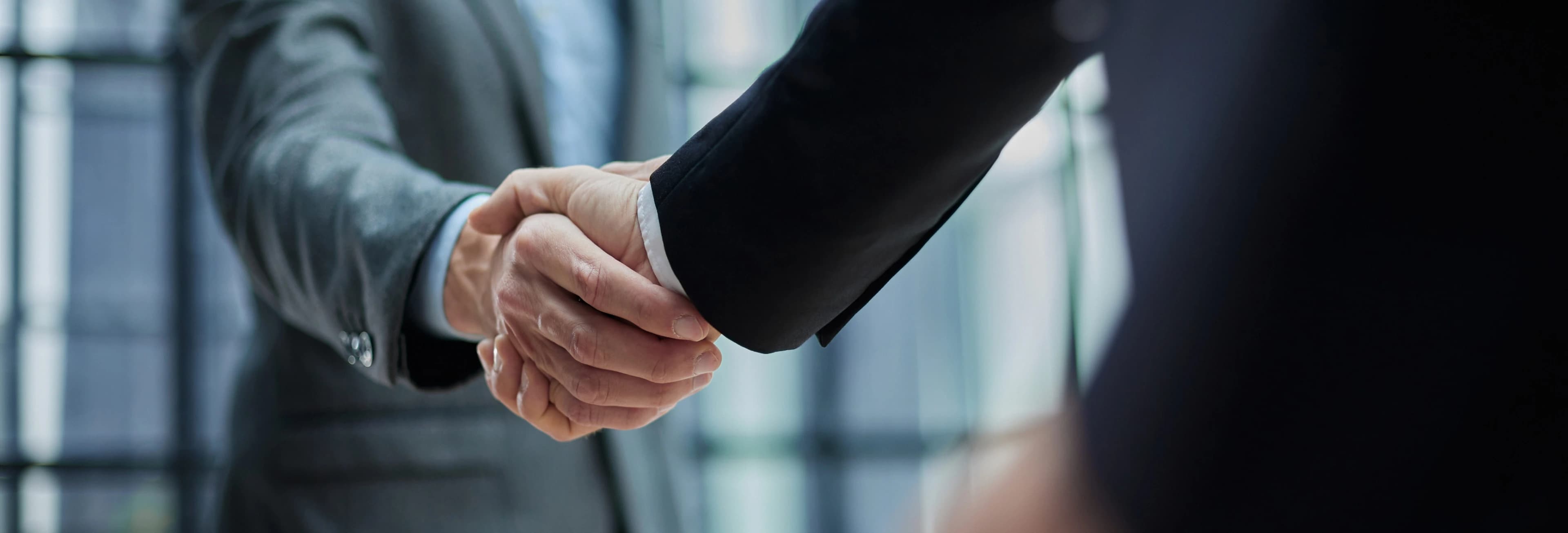 Two professionals shaking hands in black and white